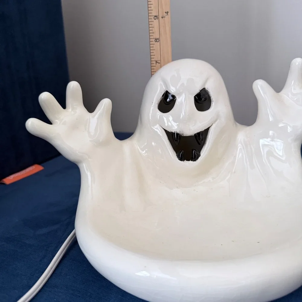 Vintage 90s Halloween Ghost Candy Bowl Light Up  Ceramic White Spooky Boo Decor